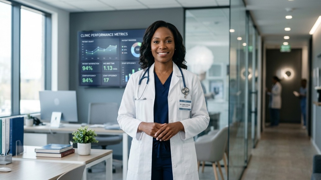 AAPC-certified Macralytics clinician reviewing MIPS performance metrics in a clinical office