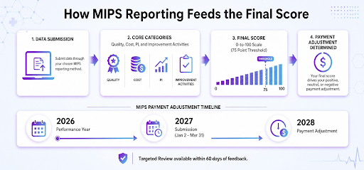 MIPS reporting method feeds the four MIPS performance categories(Quality, Cost, Promoting Interoperability, and Improvement Activities)