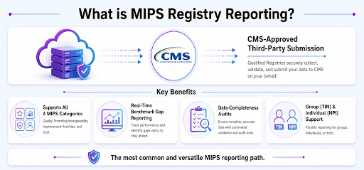 A Qualified Registry is a CMS-approved third-party vendor that collects measure data, validates it, and transmits