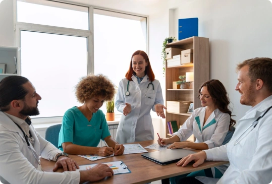 Medical team discussing patient eligibility around a table