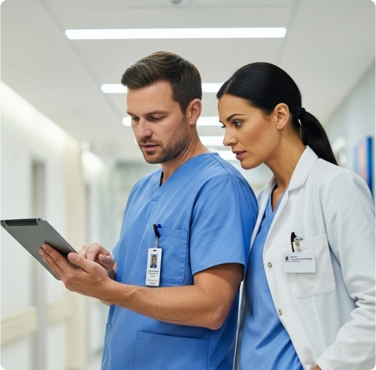 Clinicians reviewing MIPS scoring data on a tablet