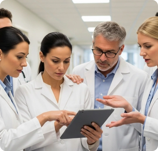 Medical team reviewing patient data on a tablet
